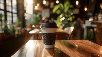 A coffee cup sitting on a table in front of a window photo