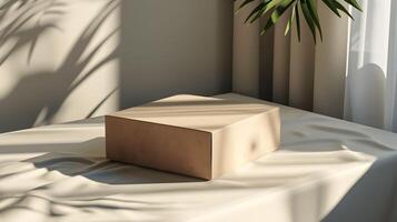 A box sitting on a table next to a window photo