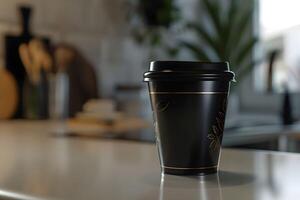A black coffee cup sitting on a counter photo