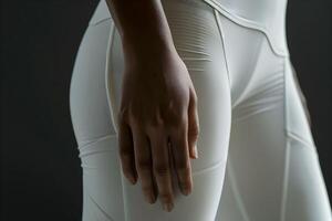 A woman's hand is holding onto a white object photo