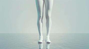 A woman in white pants and a white shirt standing on a platform photo