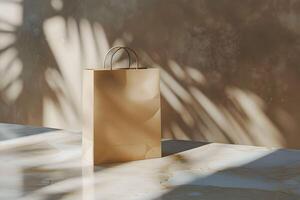 A brown paper bag sitting on a marble surface photo