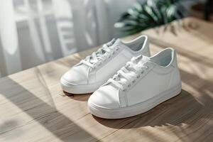 A pair of white sneakers on a wooden table photo