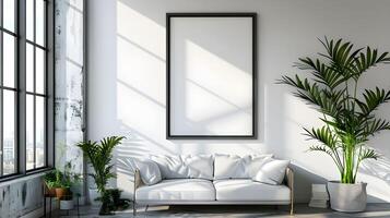 A white living room with a large window and a couch photo