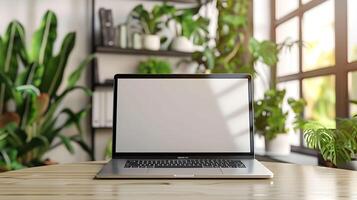 Laptop on wooden table with potted plants photo