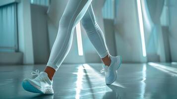 A woman in white leggings and sneakers is walking photo