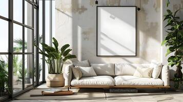 A modern living room with a large white couch photo