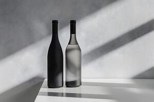 Two wine bottles on a table with shadows photo
