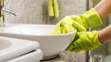 A person in yellow gloves cleaning a sink photo