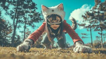 A girl in a cat costume is crouching down in the grass photo
