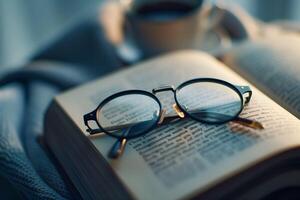 Glasses on an open book with coffee cup photo