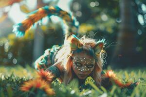 A woman in a colorful costume laying on the grass photo