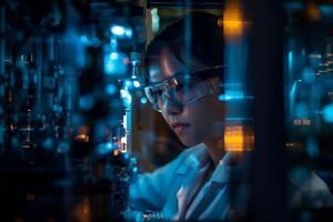 A woman in a lab coat is working on a machine photo