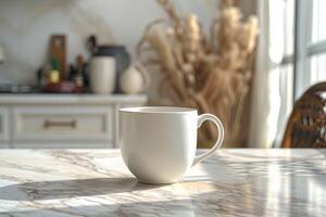 A white coffee cup sitting on a marble counter photo