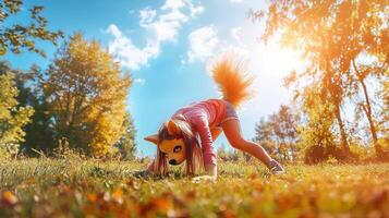 A girl bending down to pick up a dog in the grass photo