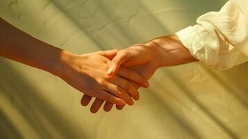 A man and woman holding hands in front of a wall photo