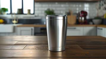 A stainless steel cup on a table photo