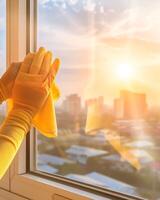 A person in yellow gloves cleaning a window photo
