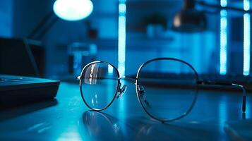 Glasses on a desk in front of a computer photo