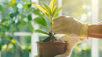 A person in gloves is holding a plant in a pot photo