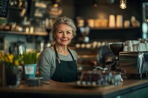 A woman is smiling behind the counter of a coffee shop photo