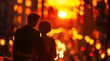 A couple is standing in front of a city street at sunset photo