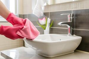 A person in pink gloves cleaning a sink photo