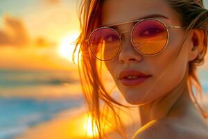 A woman wearing sunglasses on the beach at sunset photo