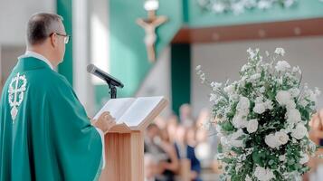 A priest is standing at a podium with a green robe photo