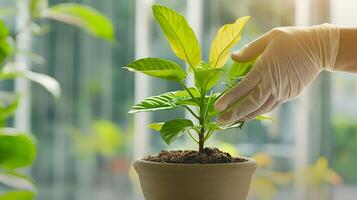 A person in gloves is holding a plant in a pot photo