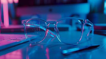 Glasses on a desk with a laptop and keyboard photo