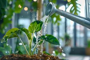 A watering can is being used to water a plant photo