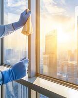 A person in blue gloves cleaning a window photo