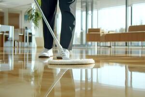A person cleaning a wooden floor with a mop photo