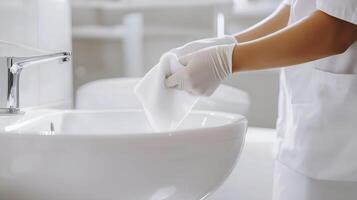 A person in white gloves cleaning a white sink photo