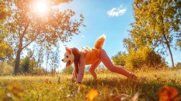 A girl in a pink shirt is bending down to pick up a dog photo