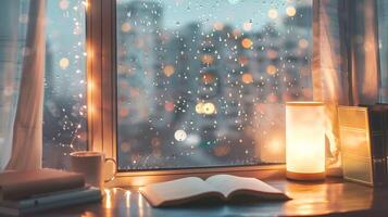 A book, coffee and a lamp are on a window sill in front of a rainy window photo