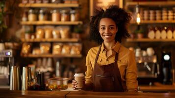 A woman in an apron holding a cup of coffee photo