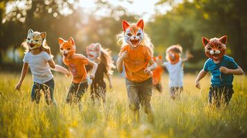 Children running in a field with fox masks on photo