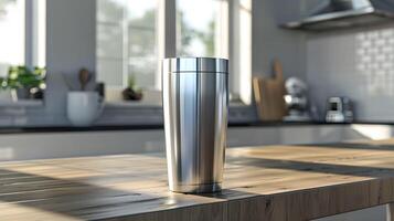 A stainless steel cup sitting on a wooden counter photo