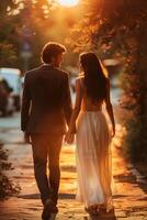 A man and woman walking down a street at sunset photo