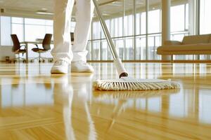 A person sweeping the floor with a broom photo