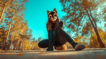 A woman wearing a cat mask sitting on the ground photo