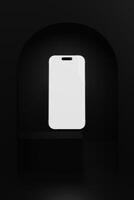 A black smartphone floating with the dark background great for phone mockup photo
