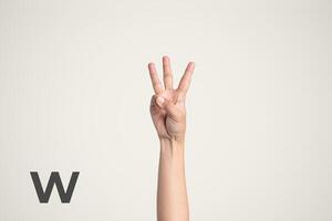 Deaf Sign alphabet of W, American Sign Language ASL. Isolated object Finger spelling the alphabet photo