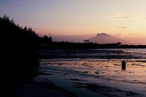 A silhouette of a mountain range and trees at sunset over a shore photo