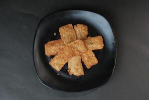 crispy flour fried tempeh which is served on a plate. photo