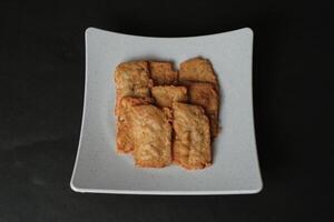 crispy flour fried tempeh which is served on a plate. photo