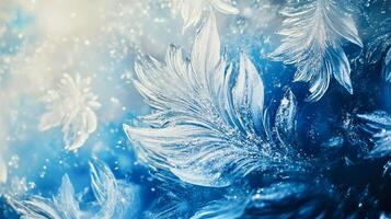 Beautiful realistic frozen petals and flowers on deep blue background, winter background with ice, frost and snowflakes photo