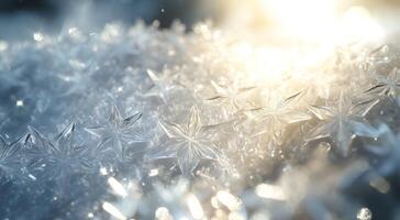 Magical winter background with ice stars and snowflakes, bokeh, fairy lights and sun rays photo